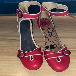 Fly London Red and White Mary Jane Kitten Heel Ankle Straps Size 39